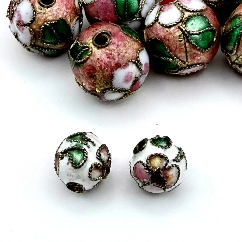 Lot of 7 Vintage Cloisonné Beads Green Pink Enamel Gold Tone Jewelry Making